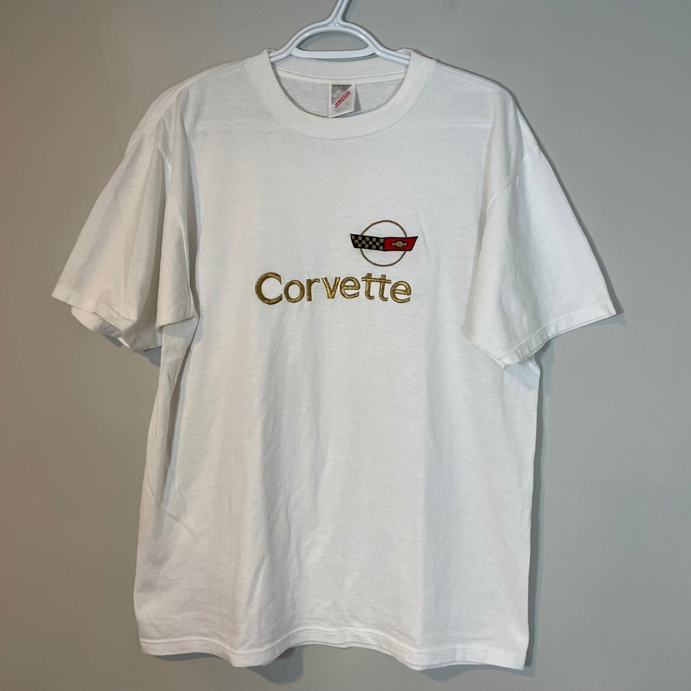 VTG‎ Jerzees Corvette T-Shirt Mens Large White Single Stitch Made USA 90s FLAW